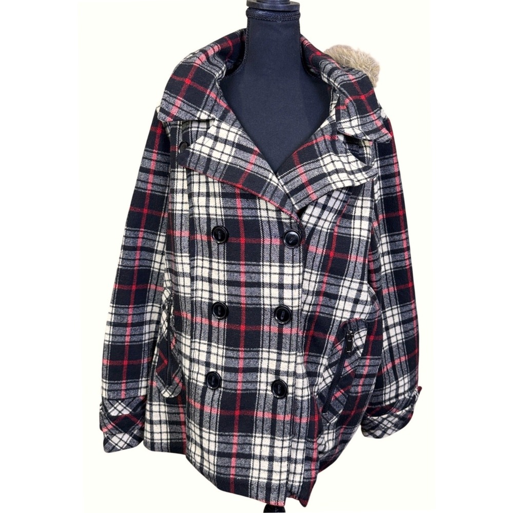 Dollhouse Pea Coat Women 2X Black Red Plaid Faux Fur Hood Winter Outerwear Warm